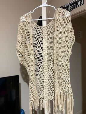 Crochet Fringe Open-Knit Vest Cardigan - Cream